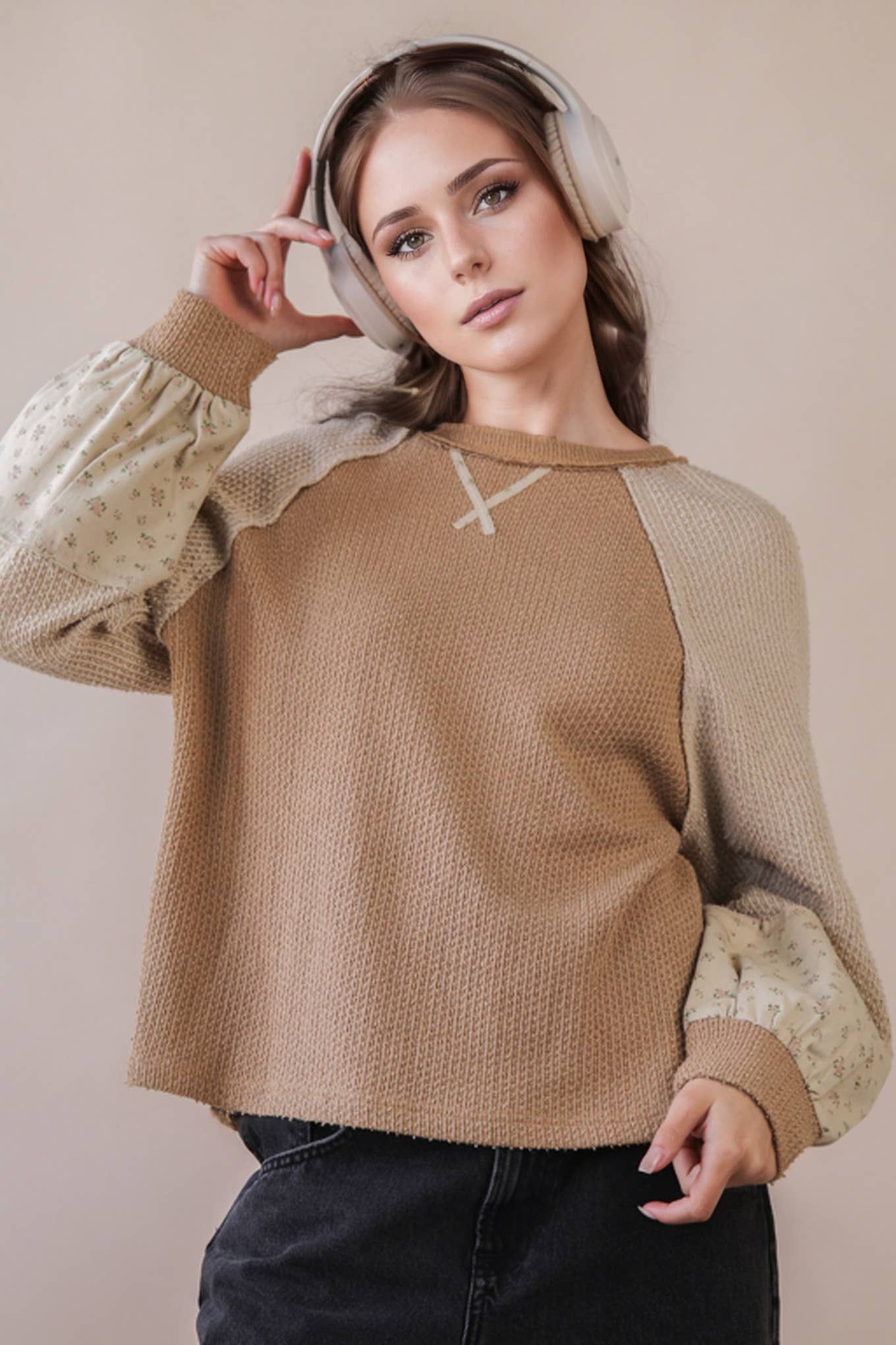 NT12328-Raglan Sleeve Color Block Casual Textured Knit Top: BABY BLUE