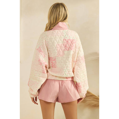 Textured Contrast printed Quarterzip Sweater: Blue Combo