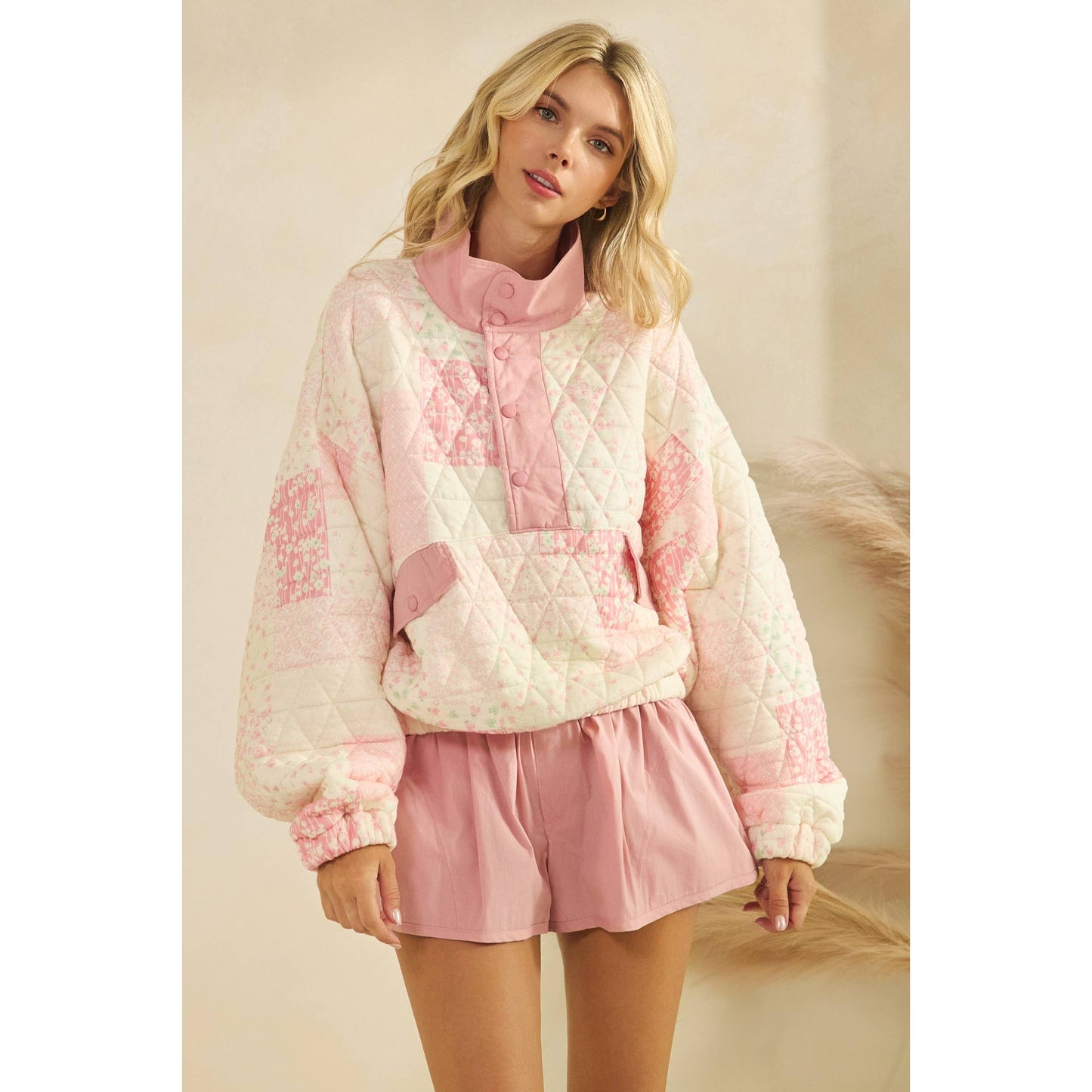Textured Contrast printed Quarterzip Sweater: Pink Combo