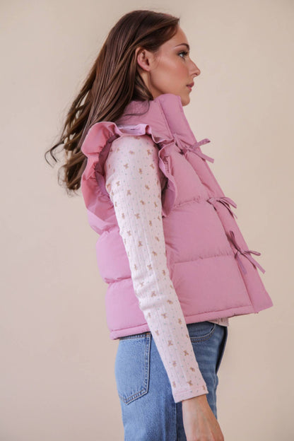 NJ90385-Front Bow Ruffle Sleeve Puffer Vest: SAGE