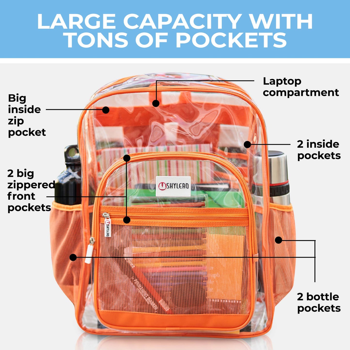 Clear Backpack For School XL | Top YKK® Zip | Orange Rhino: Orange Rhino