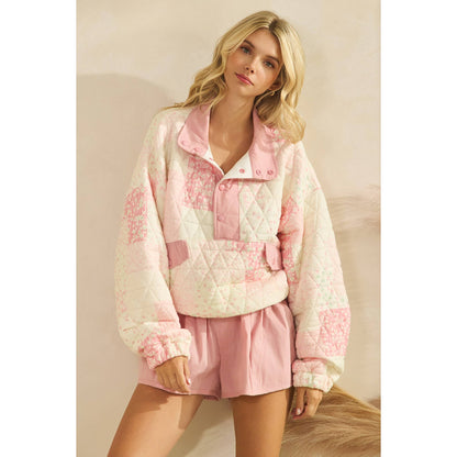Textured Contrast printed Quarterzip Sweater: Pink Combo