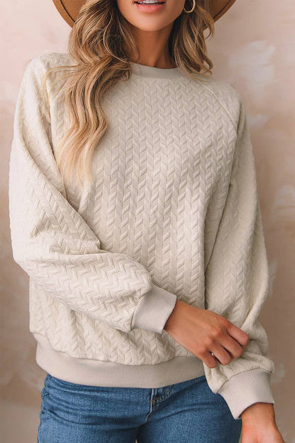 Solid Textured Raglan Sleeve Pullover Sweatshirt: Beige / S