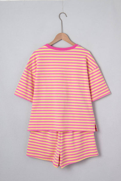 LAS Stripe Contrast Trim Boxy Terry Short Set (S-XL): Rose Stripe / Missy