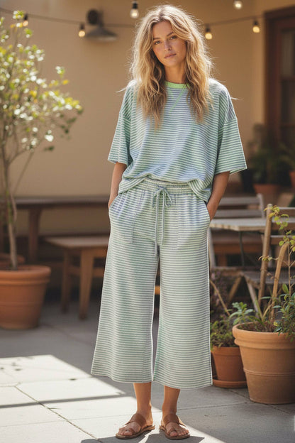 Striped Knit Top and Pants Set: HEATHER GREY/WHITE