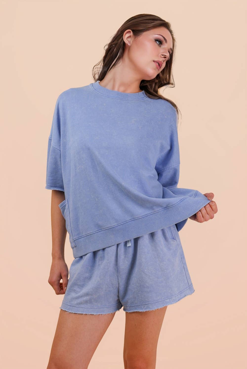 Mineral Washed Knit Casual Top & Shorts: DENIM