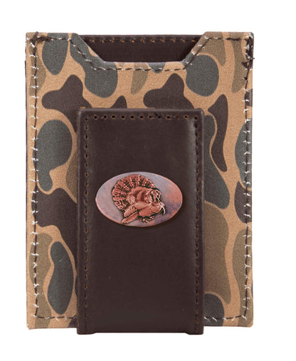 Turkey Men's Magnetic Front Pocket Old School Camo Leather Wallet.: Brown/Tan Camo