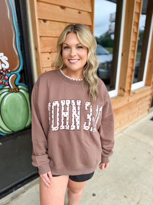 IT3080-JOHN316 | 'JOHN 3:16' Heart Applique Sweatshirt: Brown