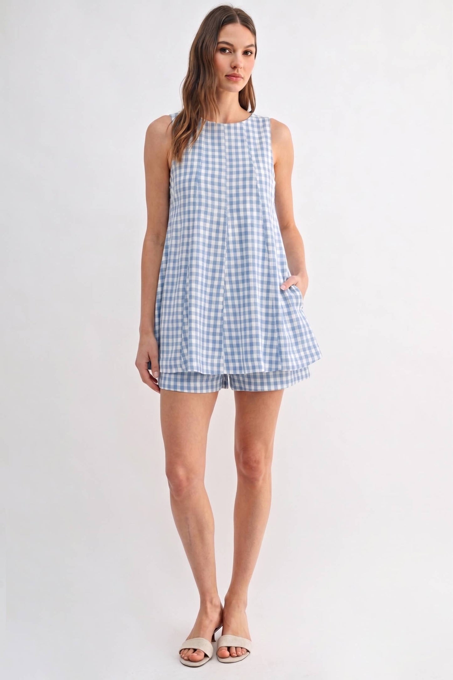 Gingham Sleeveless Baby doll Romper - BLUE