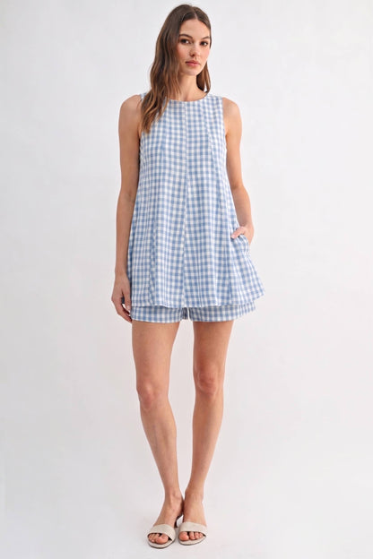 Gingham Sleeveless Baby doll Romper - BLUE