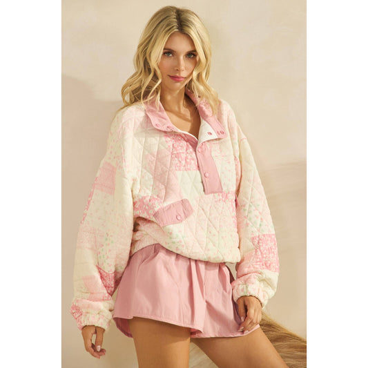 Textured Contrast printed Quarterzip Sweater: Pink Combo