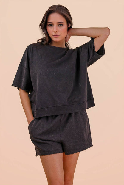 Mineral Washed Knit Casual Top & Shorts: DENIM