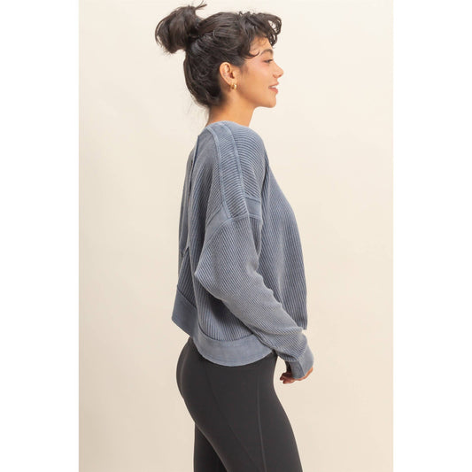 Open Back Textured Knit Long Sleeve Top: DUSTY NAVY