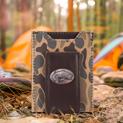 Bass Men's Magnetic Front Pocket Old School Camo Leather Wallet.: Brown/Tan Camo