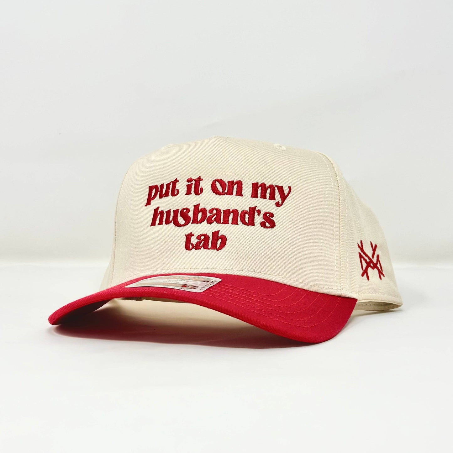 MHC Put it on my Husband's Tab Trucker Hat: Red/Natural Otto