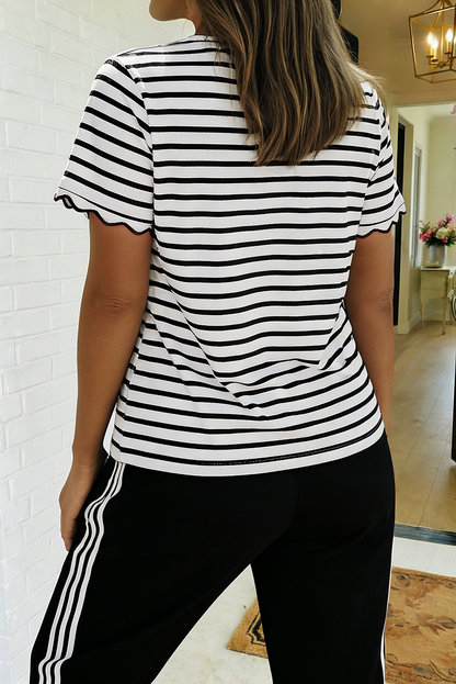LAS Stripe Scalloped Trim Round Neck T Shirt : Red / Missy