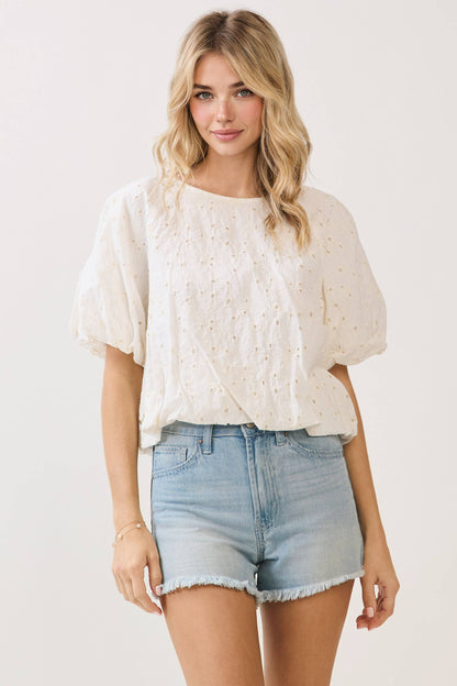 Embroidered Eyelet Bubble Sleeves Blouse: CREAM