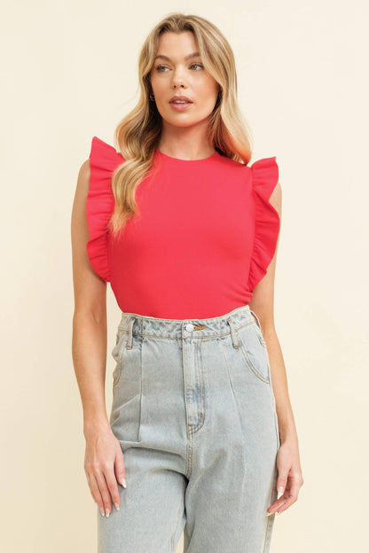 CT6639A - GAME DAY RUFFLE CAP SLEEVE TOP: Crimson - ETA 8/20/25