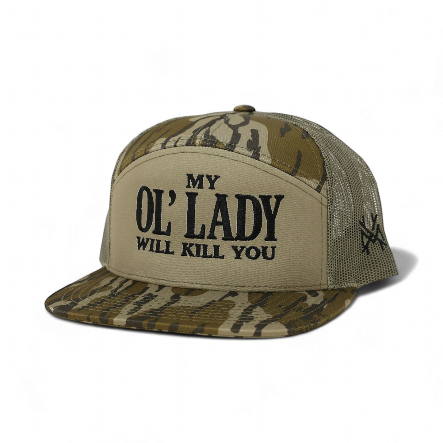 My Ol Lady Will Kill You Trucker Hat: 7 Panel Bottomland/ Loden/ Bottomland