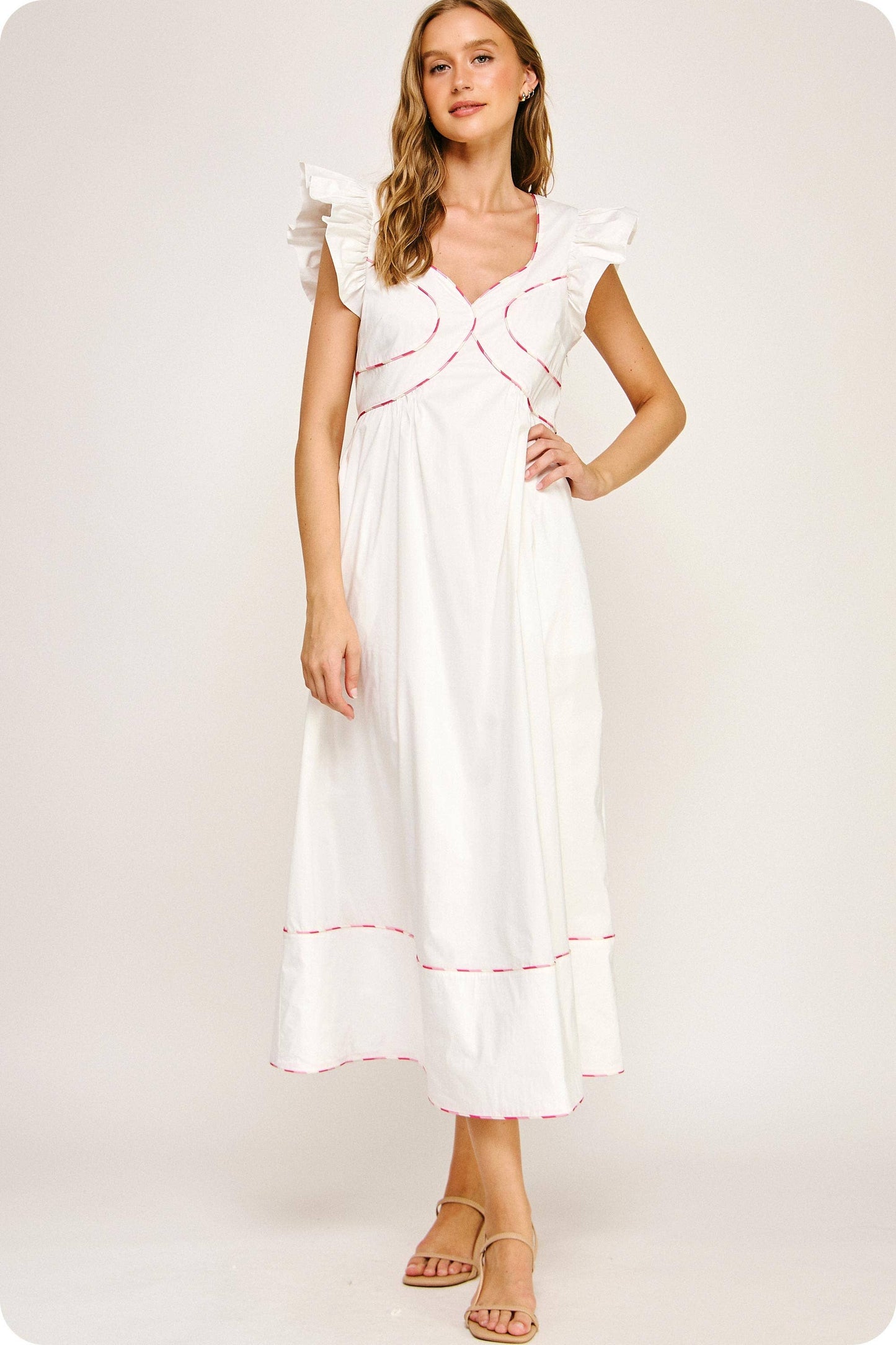 Contrast Multi Color Piping Midi Dress: Chambray