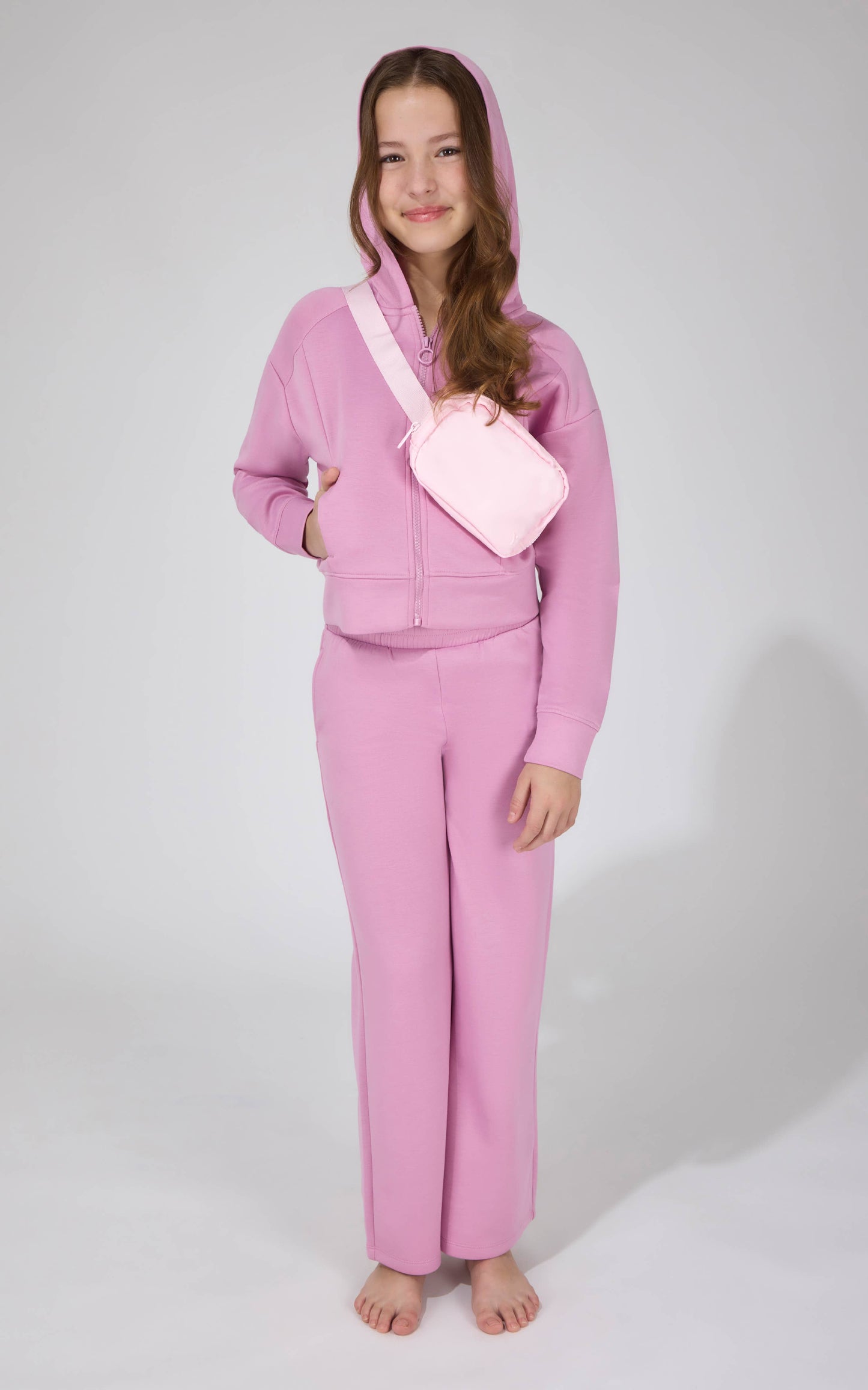 Girls Full Zip Hoodie Jacket, Pant, Fanny Bag Set: HTR.SHADOW ROCK/BLOSSOM