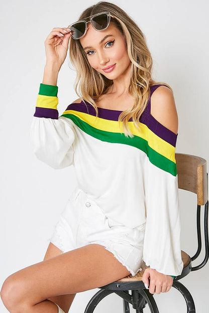 Mardigras. Cold shoulder color blocked knit top VT31284B: Multi