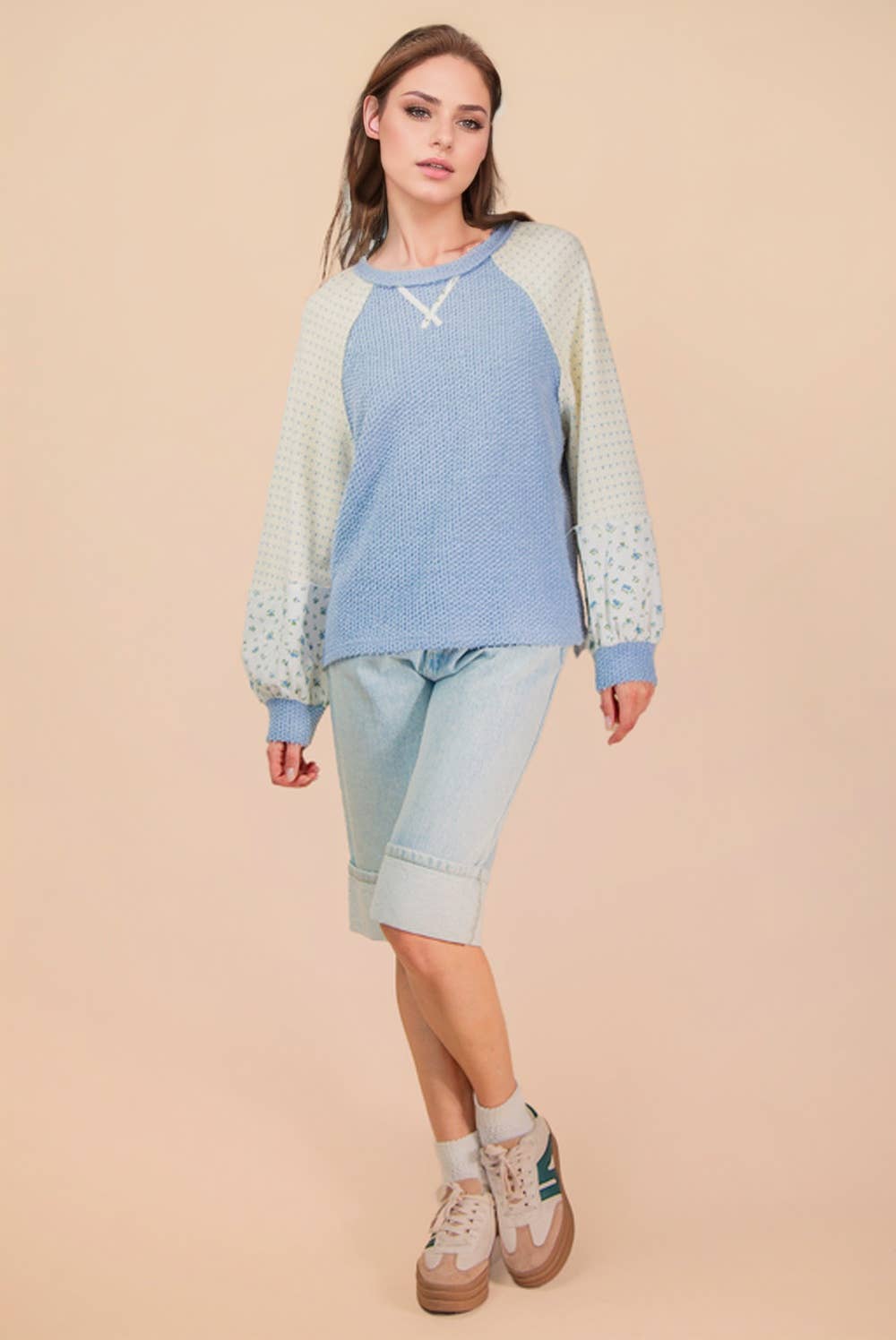 NT12328-Raglan Sleeve Color Block Casual Textured Knit Top: BABY BLUE