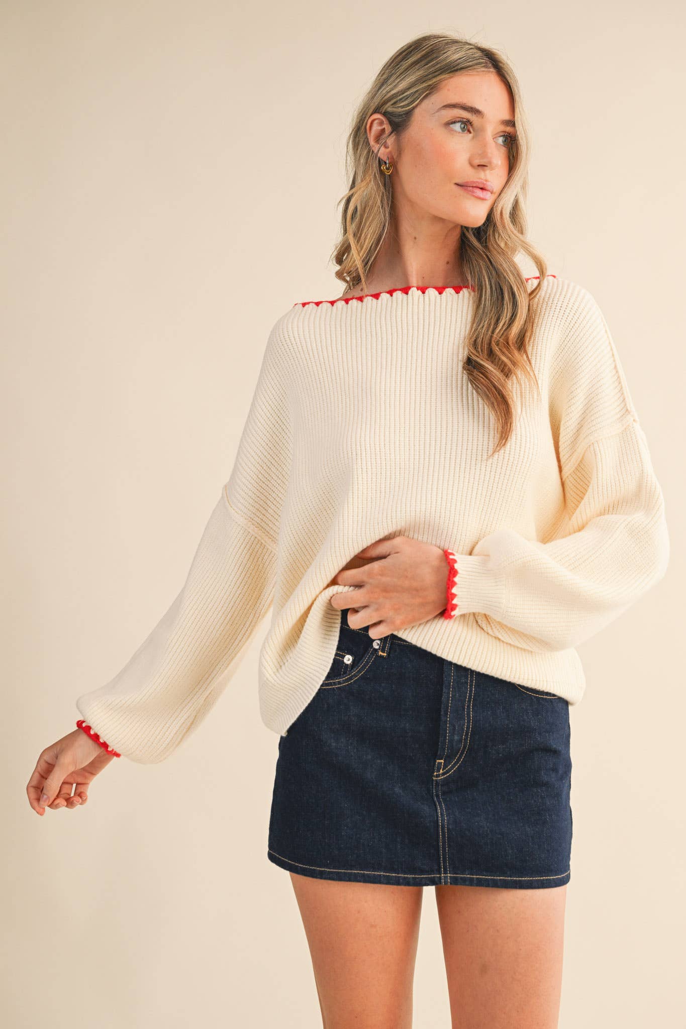 BOAT NECK TRIANGLE STITCH PUFF SLEEVE SWEATER MSW11245: MINT BURGUNDY