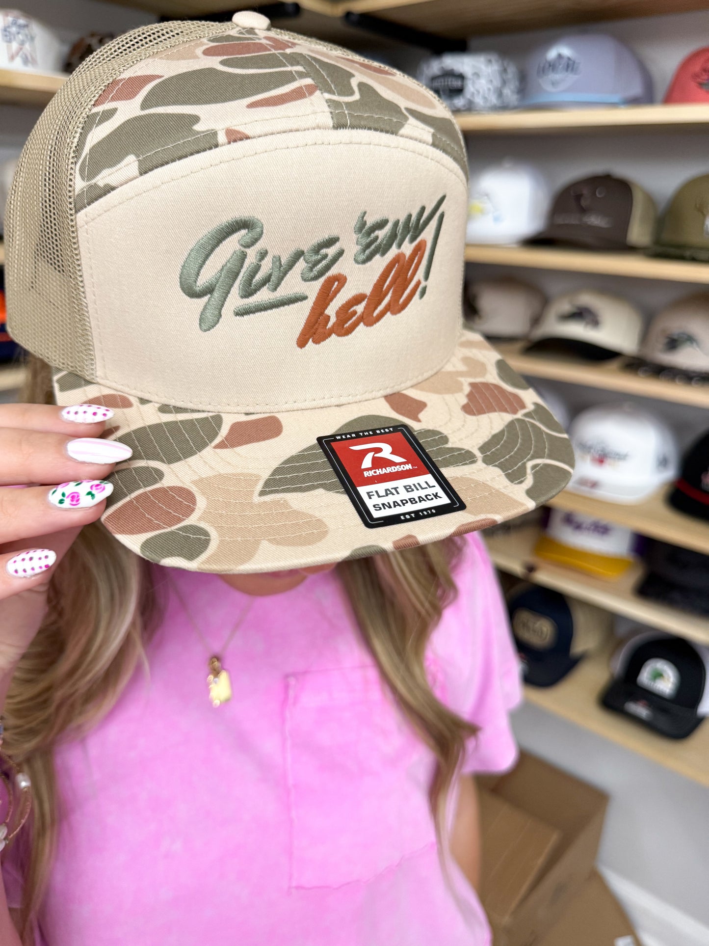 Give Em' Hell Trucker Hat: 168 Harvest Camo/Tan/Harvest Camo