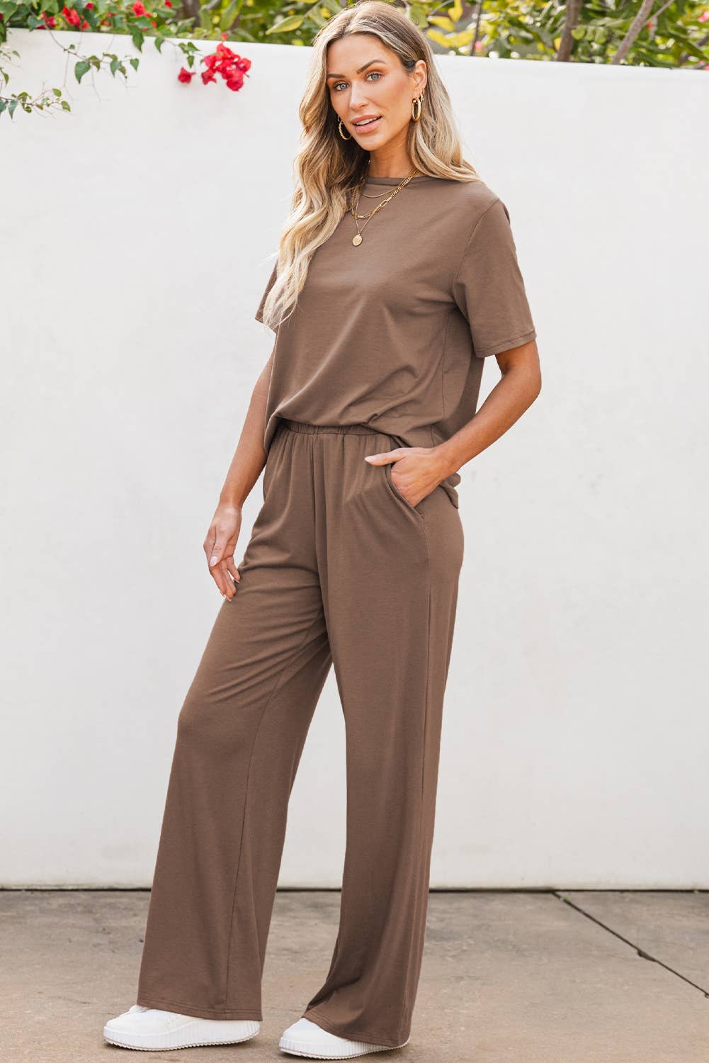 Solid Color T Shirt 2pcs Wide Leg Pants Set: Smoke Gray / Missy / XL