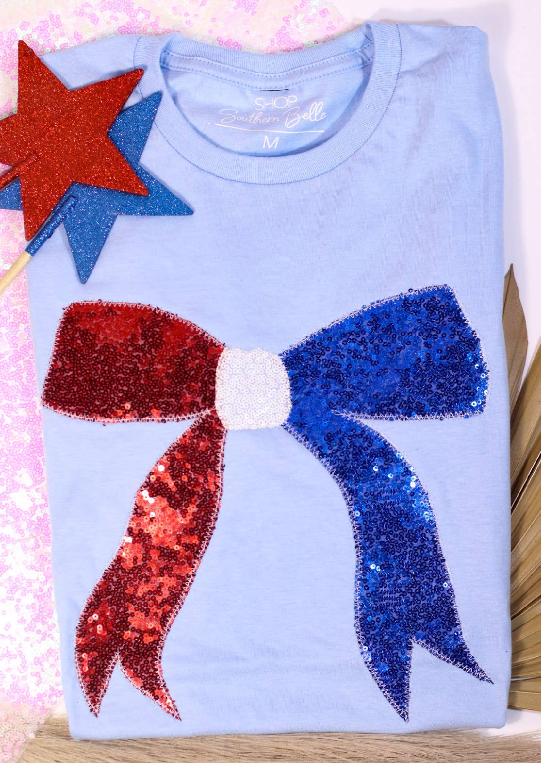 Real Sequins Bow USA Patriotic 4th of July Short Sleeve