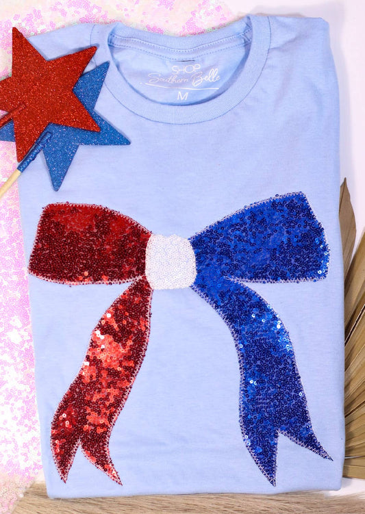 Real Sequins Bow USA Patriotic 4th of July Short Sleeve