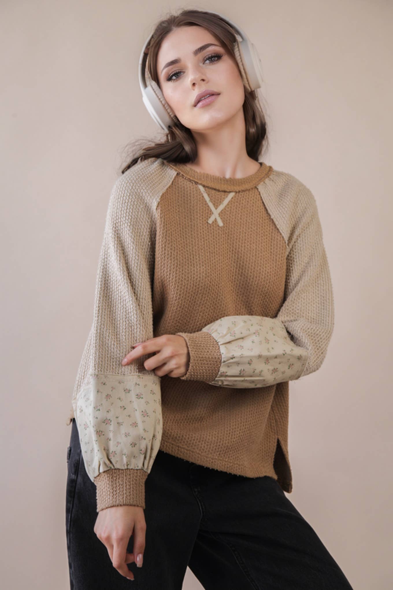 NT12328-Raglan Sleeve Color Block Casual Textured Knit Top: BABY BLUE