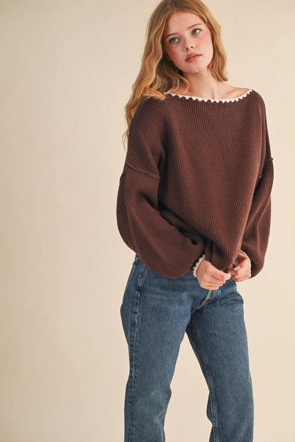 BOAT NECK TRIANGLE STITCH PUFF SLEEVE SWEATER MSW11245: MINT BURGUNDY