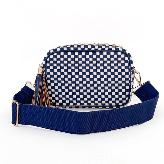 Woven Willow Camera Crossbody Bag: Checkered Navy