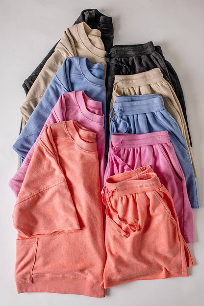 Mineral Washed Knit Casual Top & Shorts: DENIM