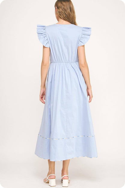 Contrast Multi Color Piping Midi Dress: Chambray