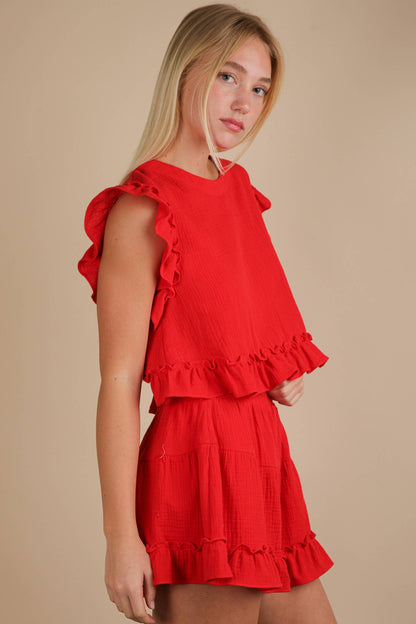 NT12150SET-Ruffled Solid Woven Top & Shorts Set: SAGE