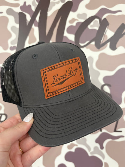 Local Boy Leather Slant Trucker Hat- Charcoal/Black