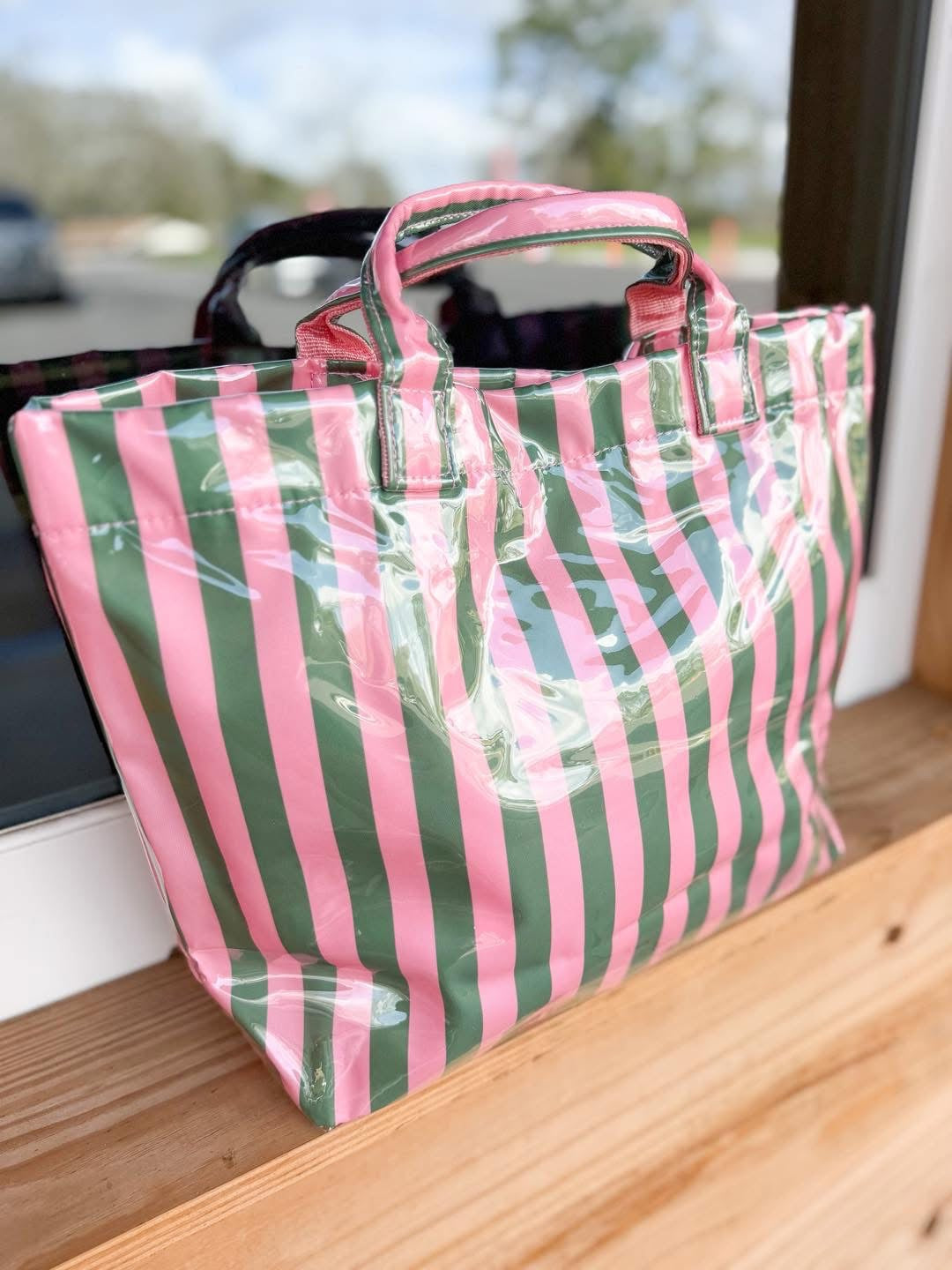 Striped Large-capacity PVC Tote Bag for Women Handbag: Kelly green/pink