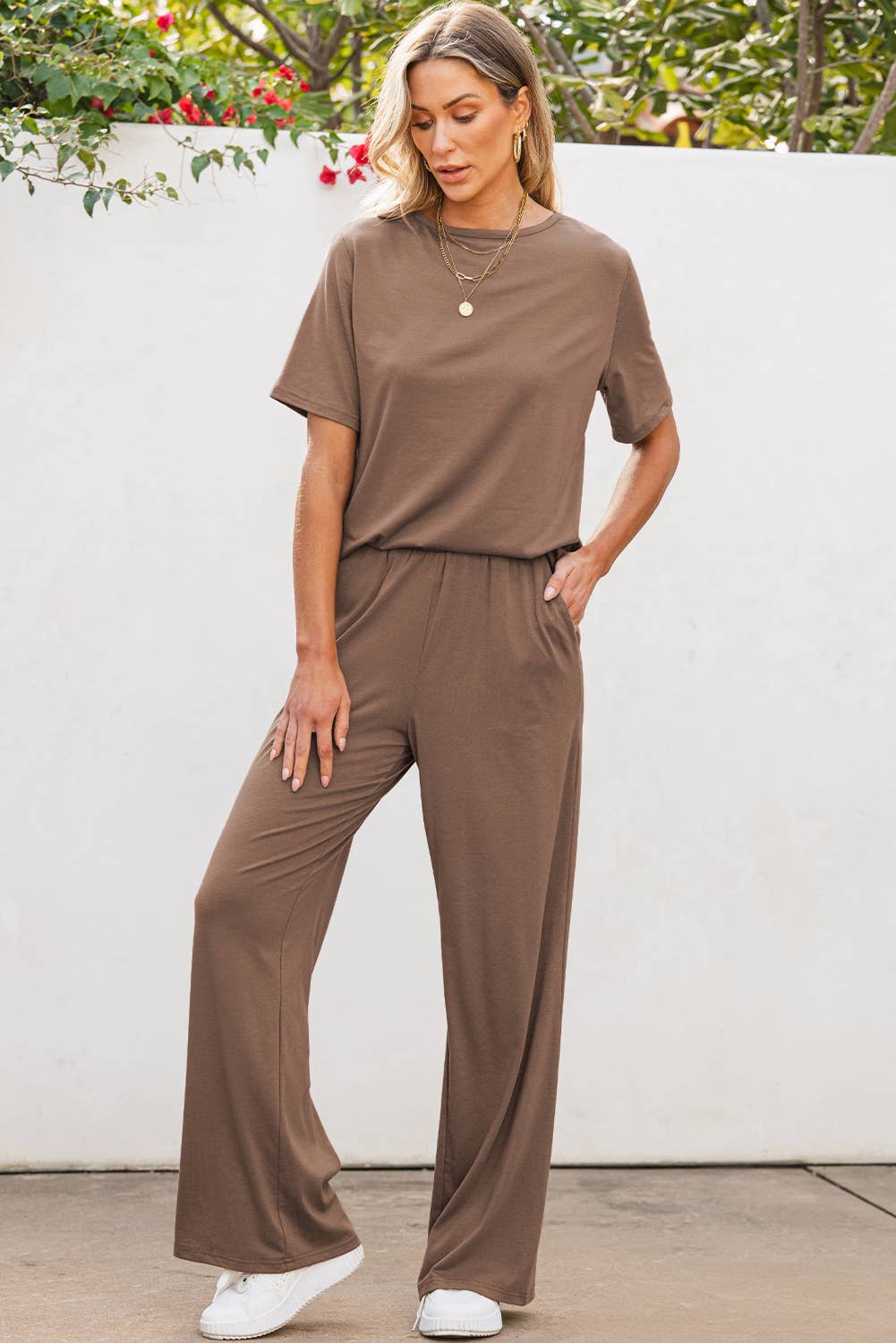 Solid Color T Shirt 2pcs Wide Leg Pants Set: Smoke Gray / Missy / XL