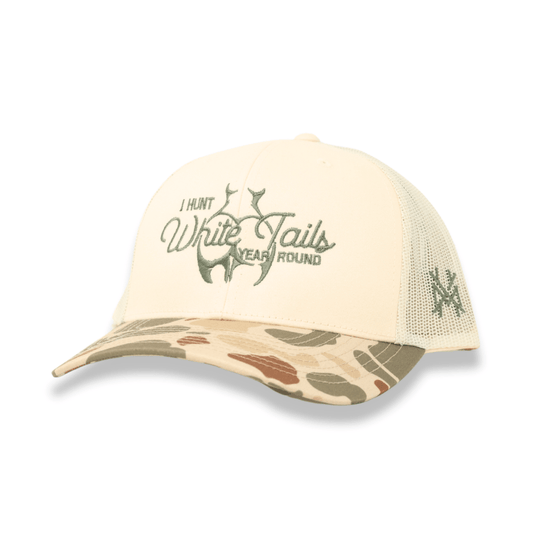 I Hunt White Tails Year Round Trucker Hat: Trucker Harvest Camo/Natural
