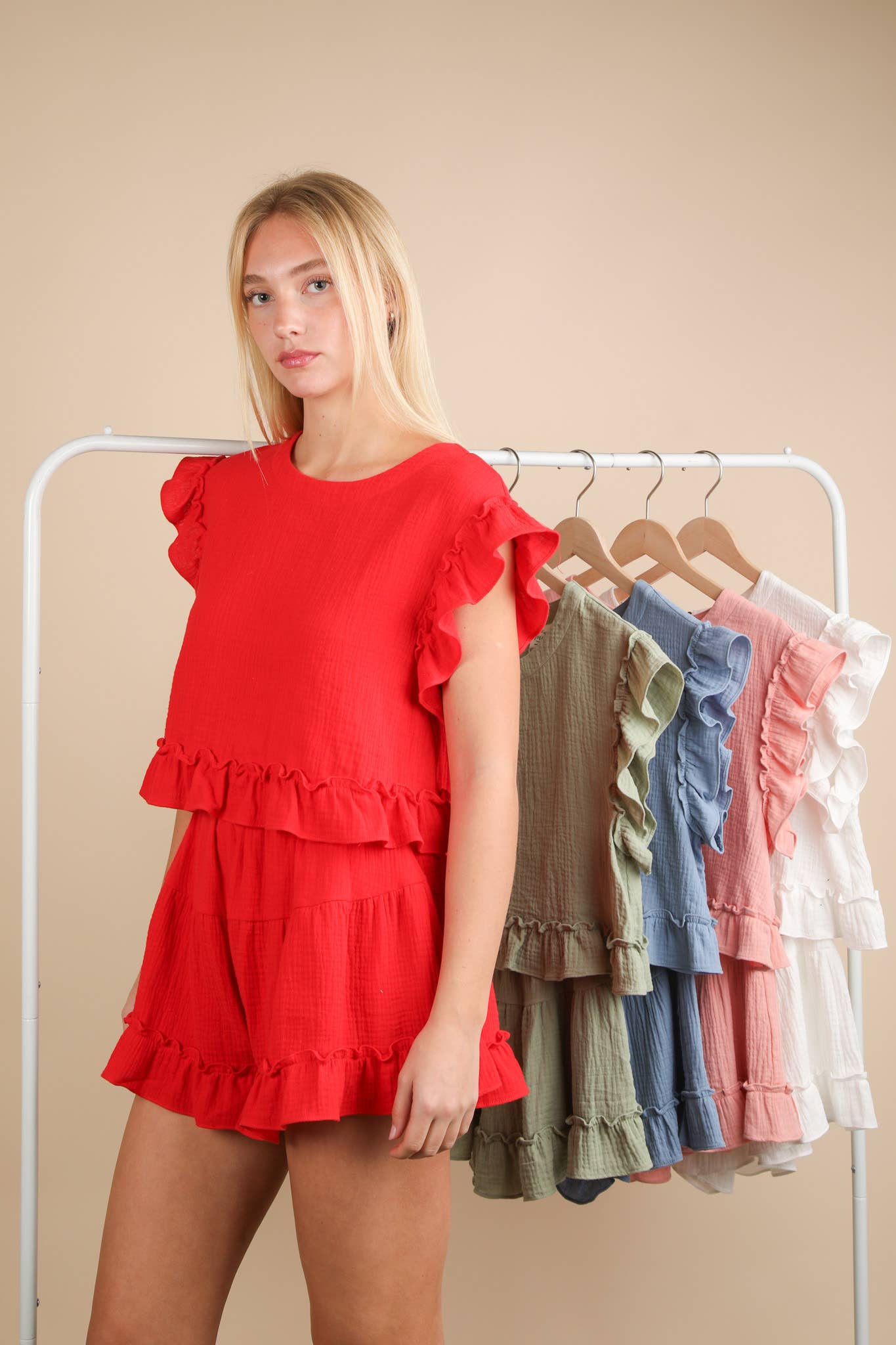 NT12150SET-Ruffled Solid Woven Top & Shorts Set: SAGE