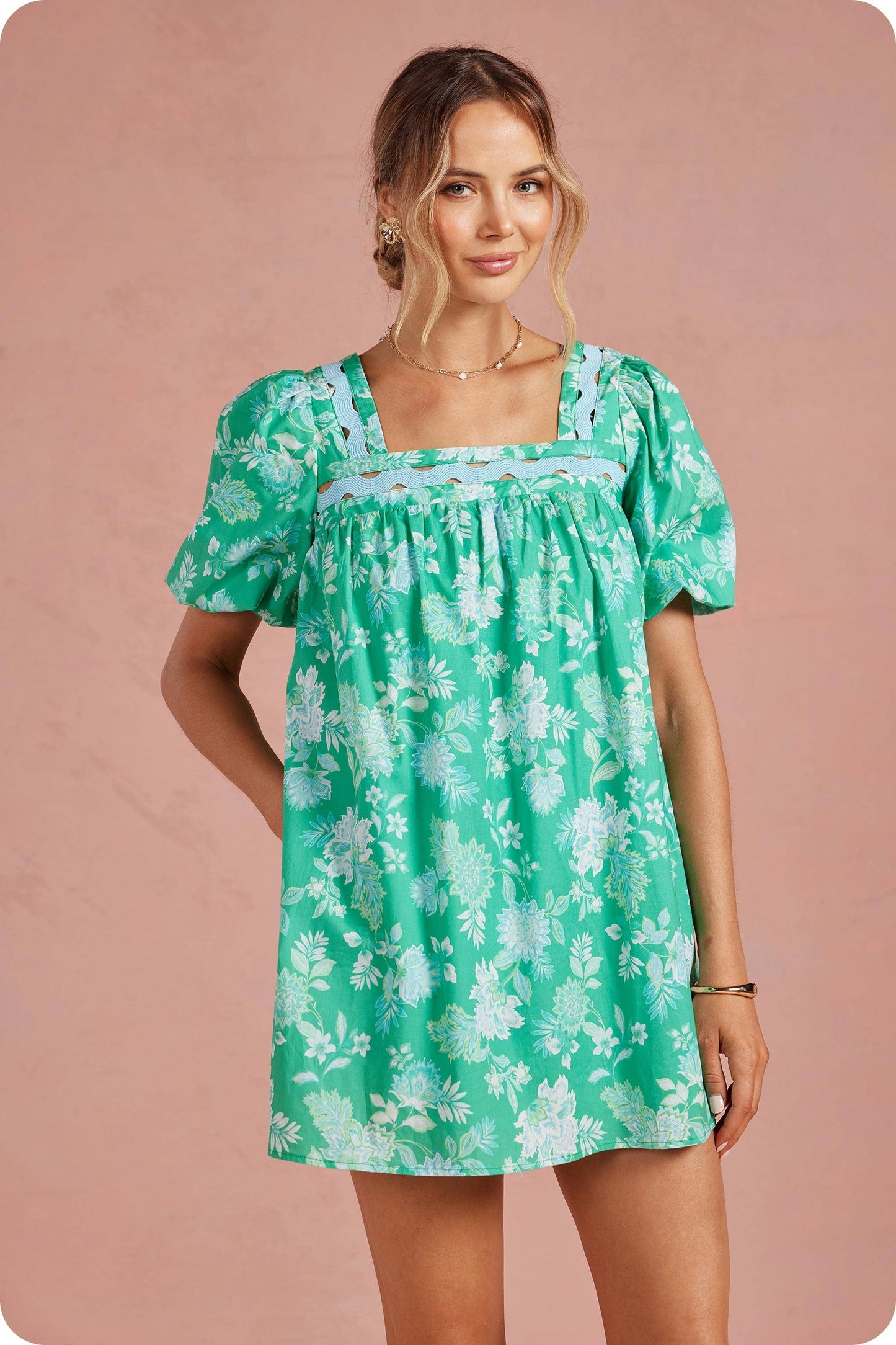 Botanical Garden Ric-Rac Puff Sleeve Mini Dress: Green Multi
