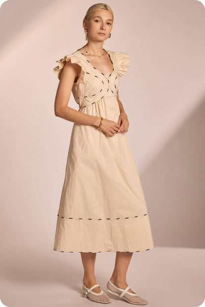 Contrast Multi Color Piping Midi Dress: Chambray