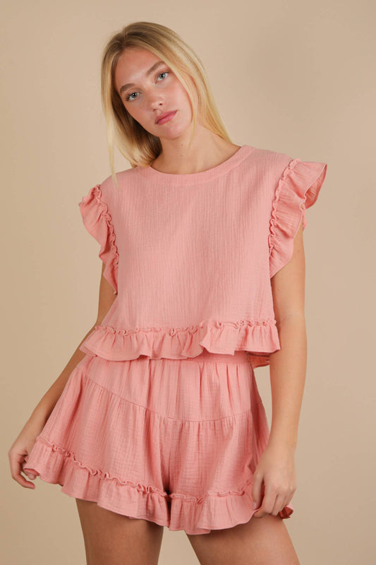NT12150SET-Ruffled Solid Woven Top & Shorts Set: BLUSH