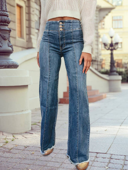 High Waist Button Fly Seamed Raw Hem Flare Jeans: Sail Blue / 6