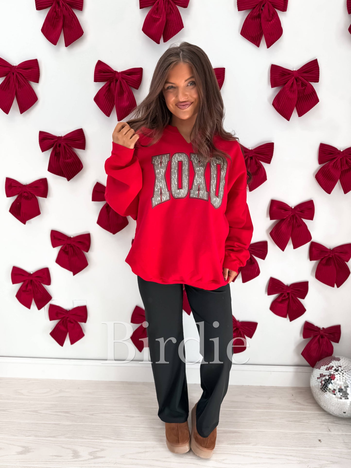 XOXO Bottomland Camo Split Neck Crewneck