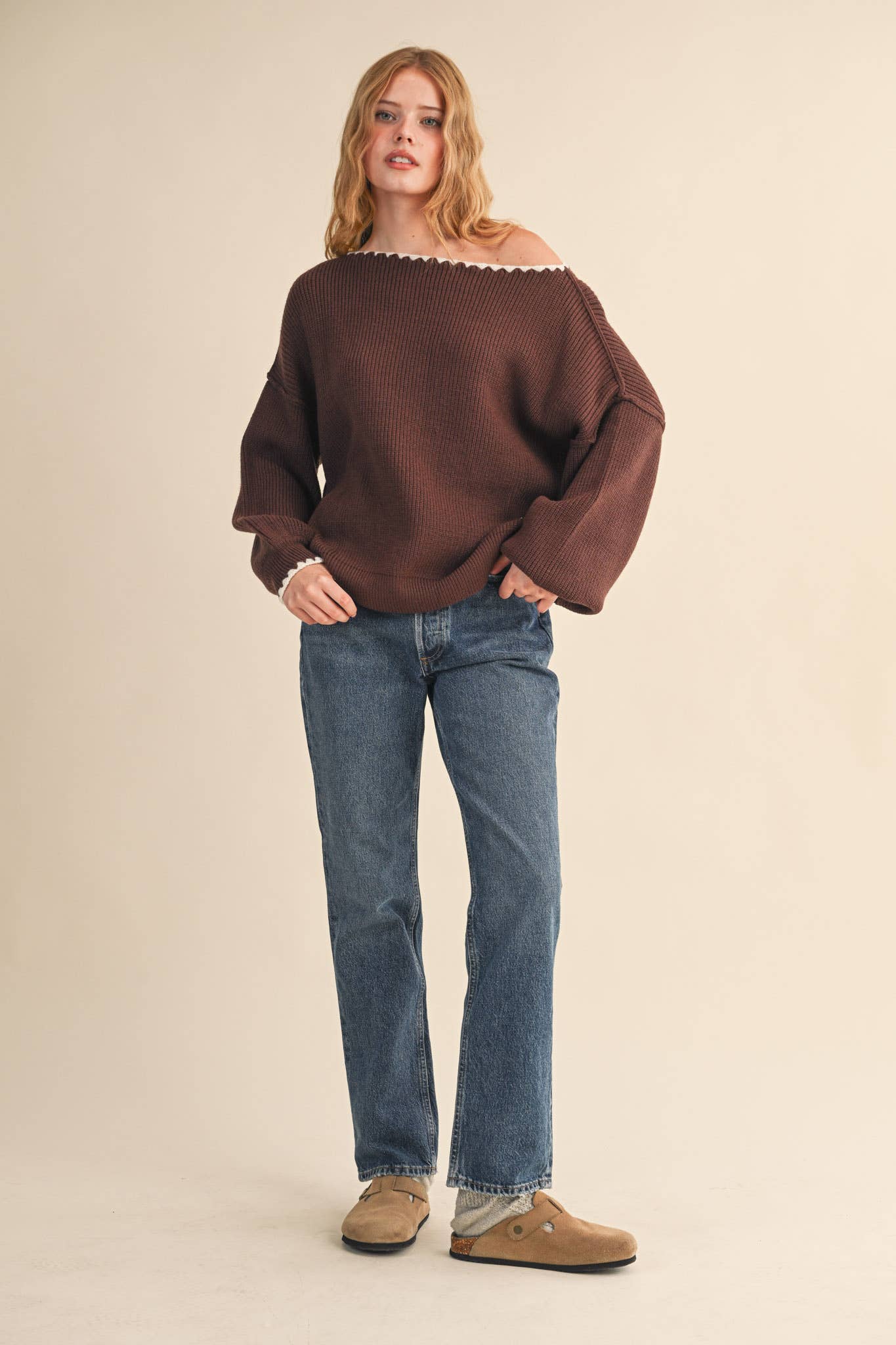 BOAT NECK TRIANGLE STITCH PUFF SLEEVE SWEATER MSW11245: MINT BURGUNDY