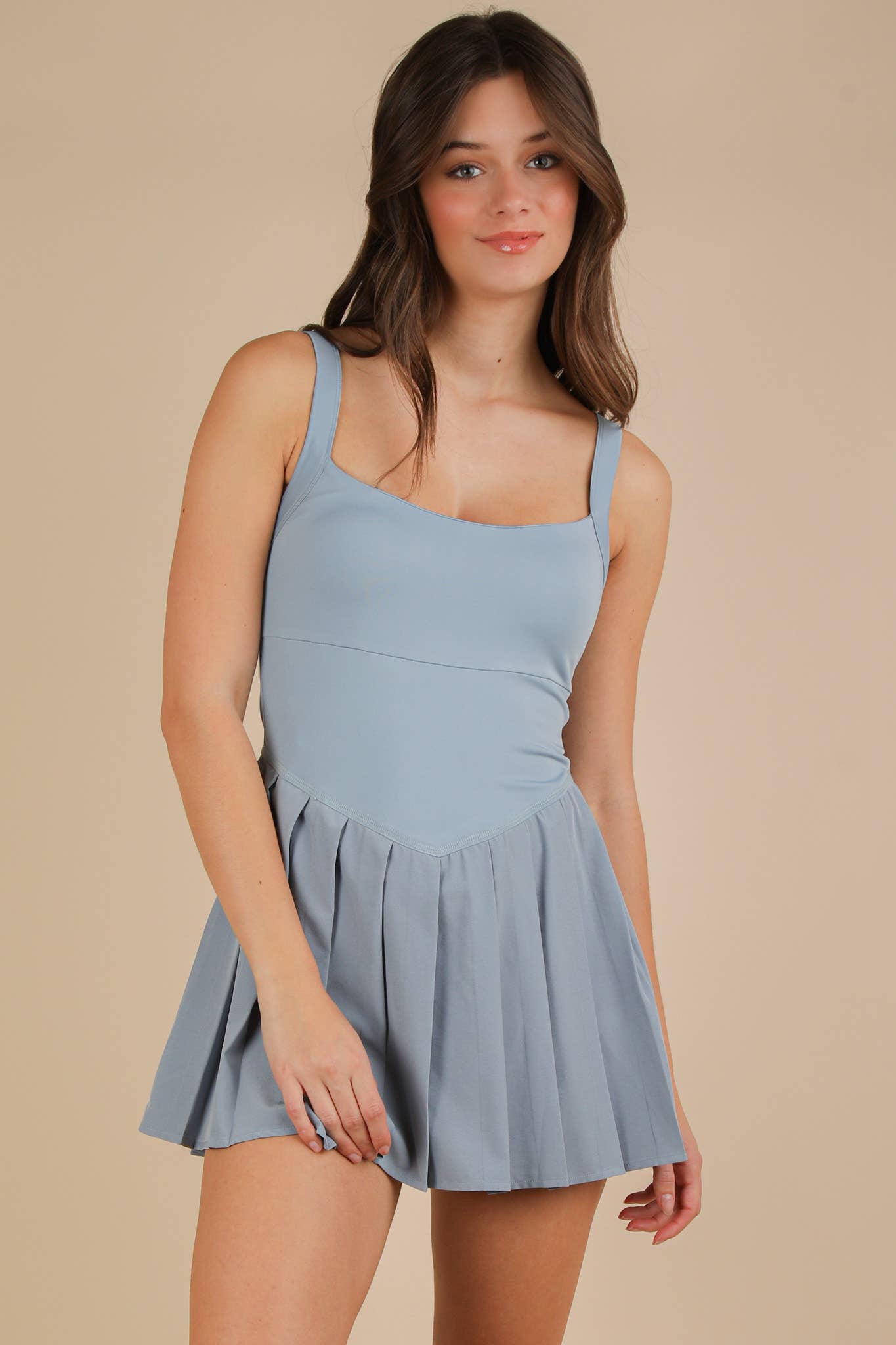 ND31725-Pleated Skirt Activewear Dress W/ Under Shorts: SKY